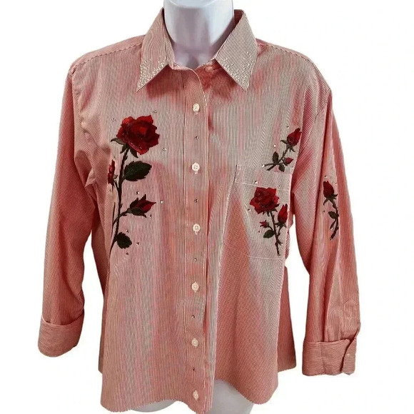 Vintage Las Olas Womens M Red Striped Button Top Rose Embroidery Blouse Western - Picture 1 of 13